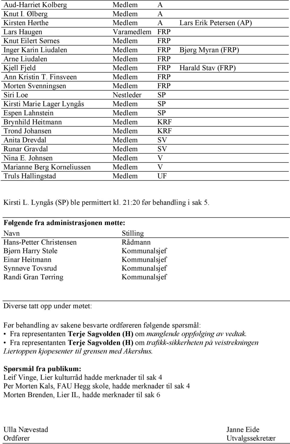 Kjell Fjeld Medlem FRP Harald Stav (FRP) Ann Kristin T.