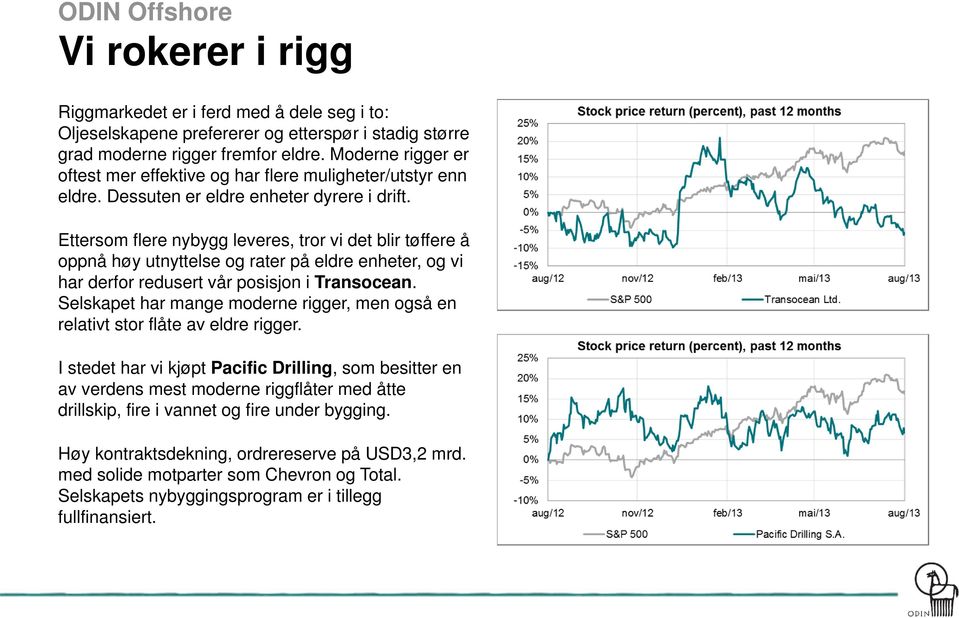 Ettersom flere nybygg leveres, tror vi det blir tøffere å oppnå høy utnyttelse og rater på eldre enheter, og vi har derfor redusert vår posisjon i Transocean.