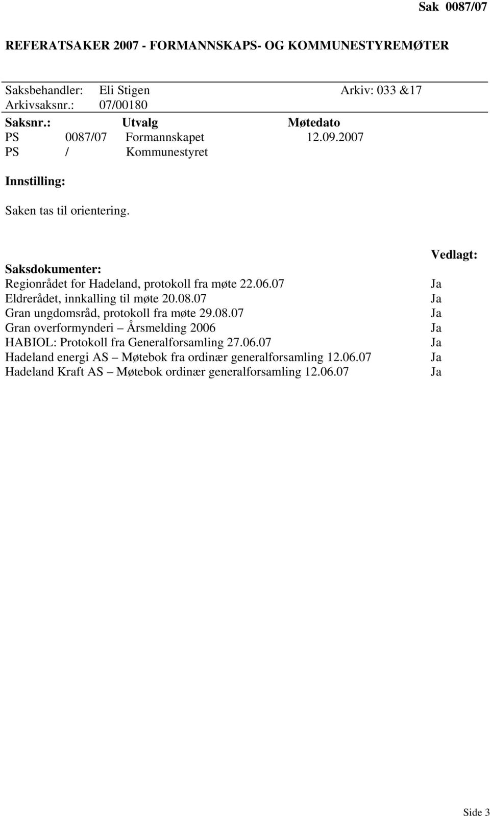 Saksdokumenter: Regionrådet for Hadeland, protokoll fra møte 22.06.07 Eldrerådet, innkalling til møte 20.08.