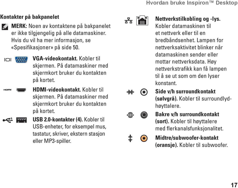 Kobler til skjermen. På datamaskiner med skjermkort bruker du kontakten på kortet. USB 2.0-kontakter (4).