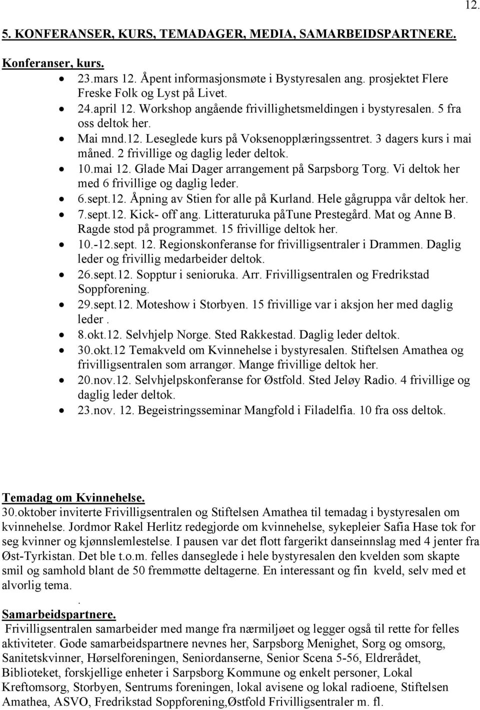 10.mai 12. Glade Mai Dager arrangement på Sarpsborg Torg. Vi deltok her med 6 frivillige og daglig leder. 6.sept.12. Åpning av Stien for alle på Kurland. Hele gågruppa vår deltok her. 7.sept.12. Kick- off ang.