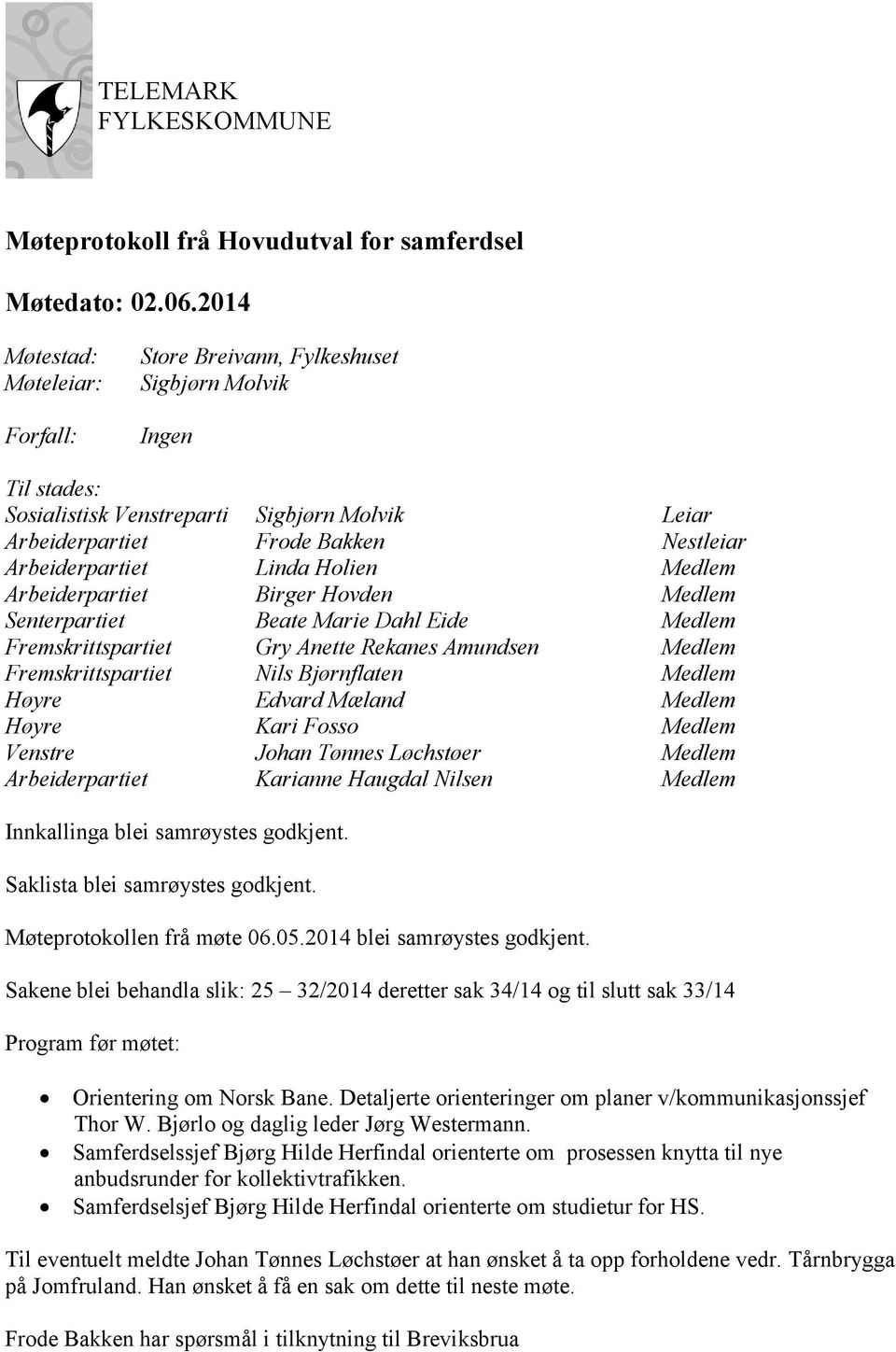 Linda Holien Medlem Arbeiderpartiet Birger Hovden Medlem Senterpartiet Beate Marie Dahl Eide Medlem Fremskrittspartiet Gry Anette Rekanes Amundsen Medlem Fremskrittspartiet Nils Bjørnflaten Medlem