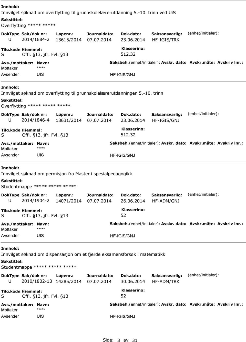 32 Avs./mottaker: Navn: aksbeh. Avskr. dato: Avskr.måte: Avskriv lnr.: HF-G/GNJ nnvilget søknad om permisjon fra Master i spesialpedagogikk tudentmappe ***** ***** ***** 2014/1904-2 14071/2014 26.06.