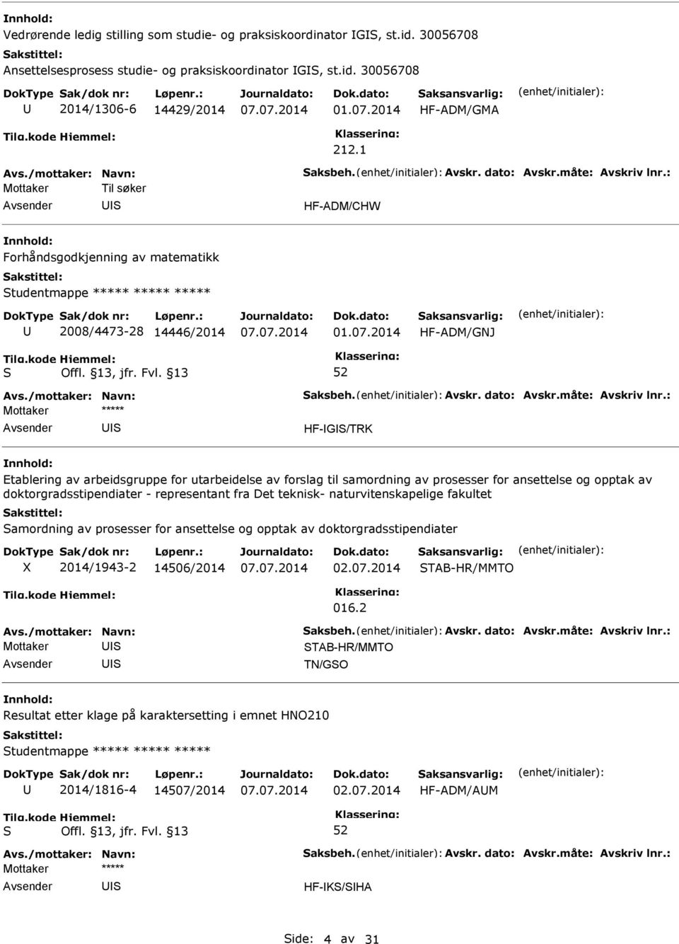 2014 HF-ADM/GNJ Avs./mottaker: Navn: aksbeh. Avskr. dato: Avskr.måte: Avskriv lnr.