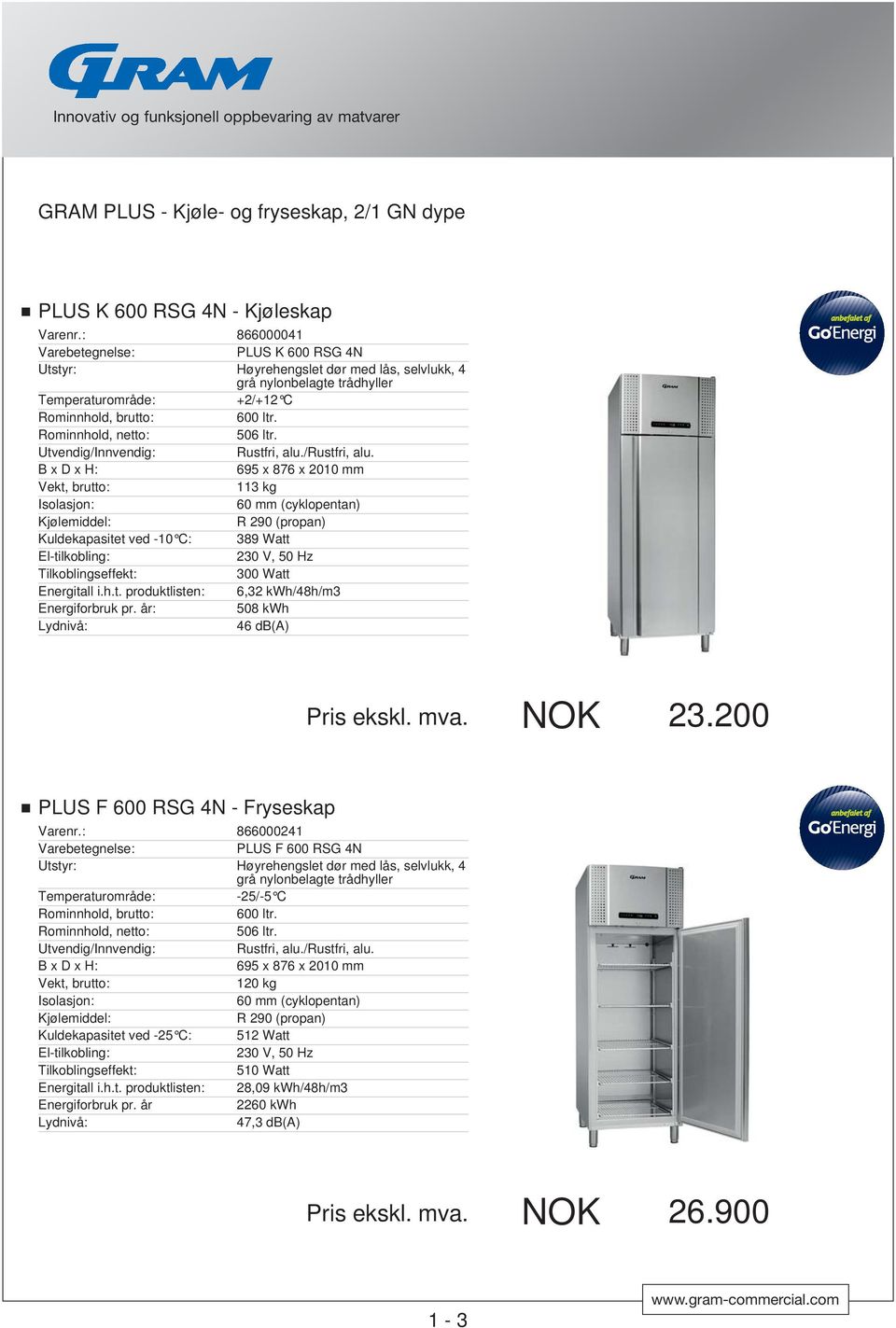 år: 508 kwh Lydnivå: 46 db(a) Pris ekskl. mva. NOK 23.200 PLUS F 600 RSG 4N - Fryseskap Varenr.