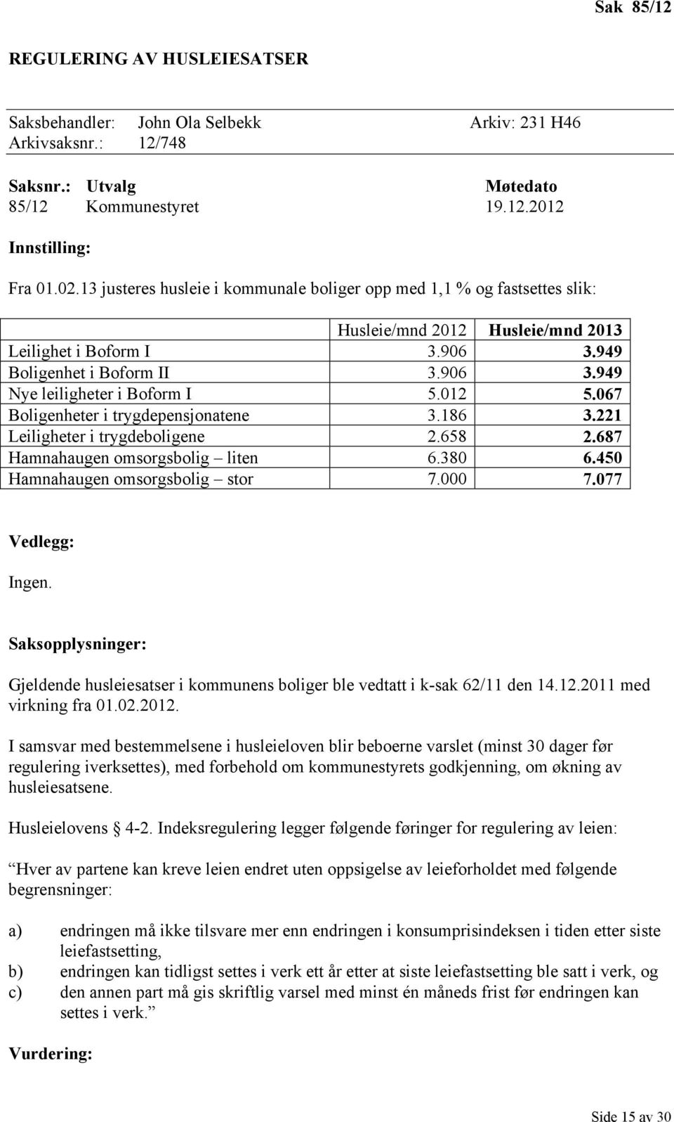 012 5.067 Boligenheter i trygdepensjonatene 3.186 3.221 Leiligheter i trygdeboligene 2.658 2.687 Hamnahaugen omsorgsbolig liten 6.380 6.450 Hamnahaugen omsorgsbolig stor 7.000 7.077 Vedlegg: Ingen.