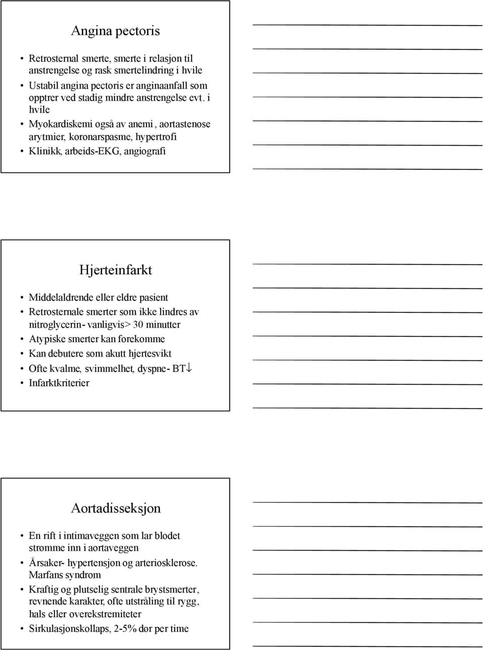 lindres av nitroglycerin- vanligvis> 30 minutter Atypiske smerter kan forekomme Kan debutere som akutt hjertesvikt Ofte kvalme, svimmelhet, dyspne- BT Infarktkriterier Aortadisseksjon En rift i