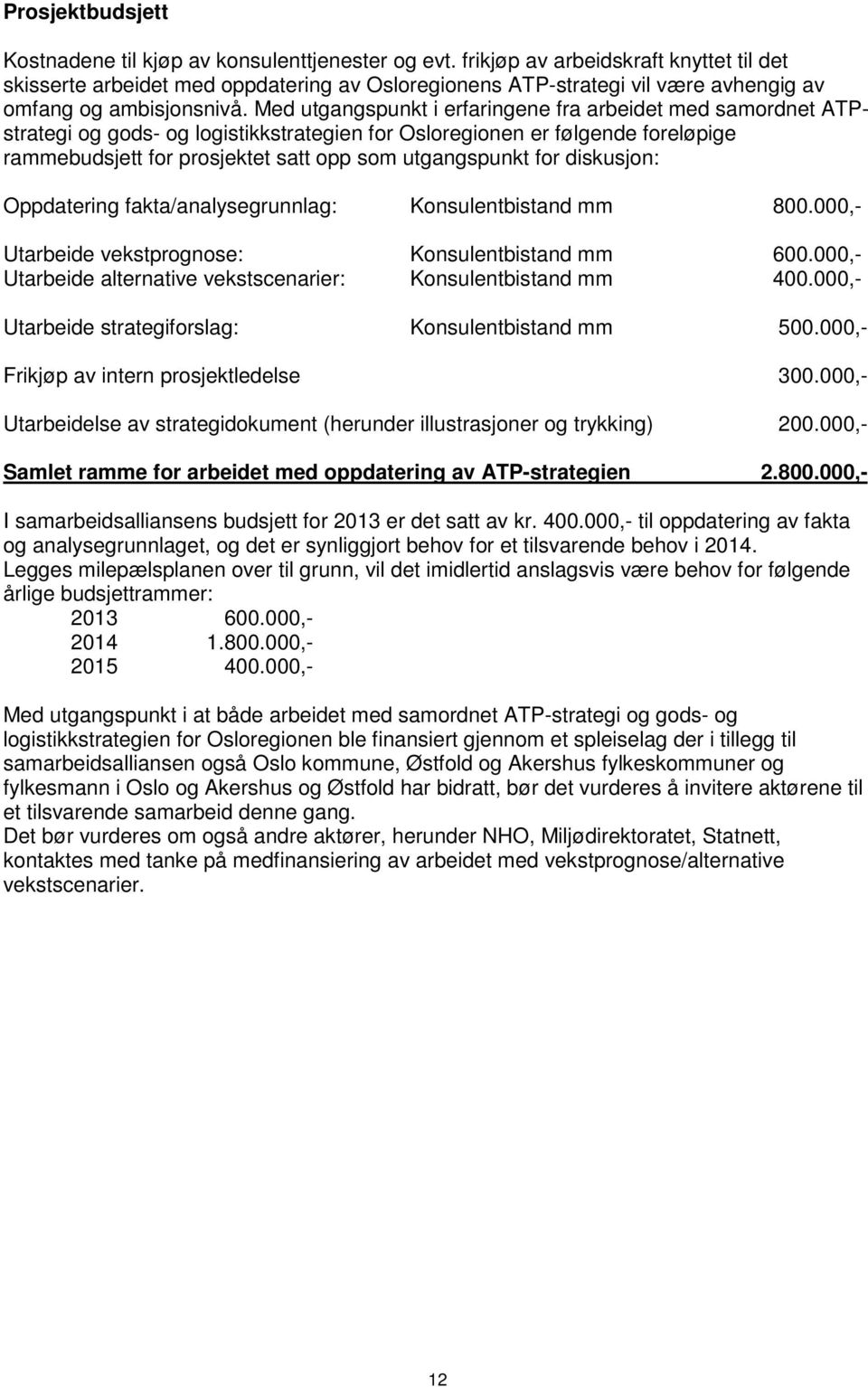 Med utgangspunkt i erfaringene fra arbeidet med samordnet ATPstrategi og gods- og logistikkstrategien for Osloregionen er følgende foreløpige rammebudsjett for prosjektet satt opp som utgangspunkt