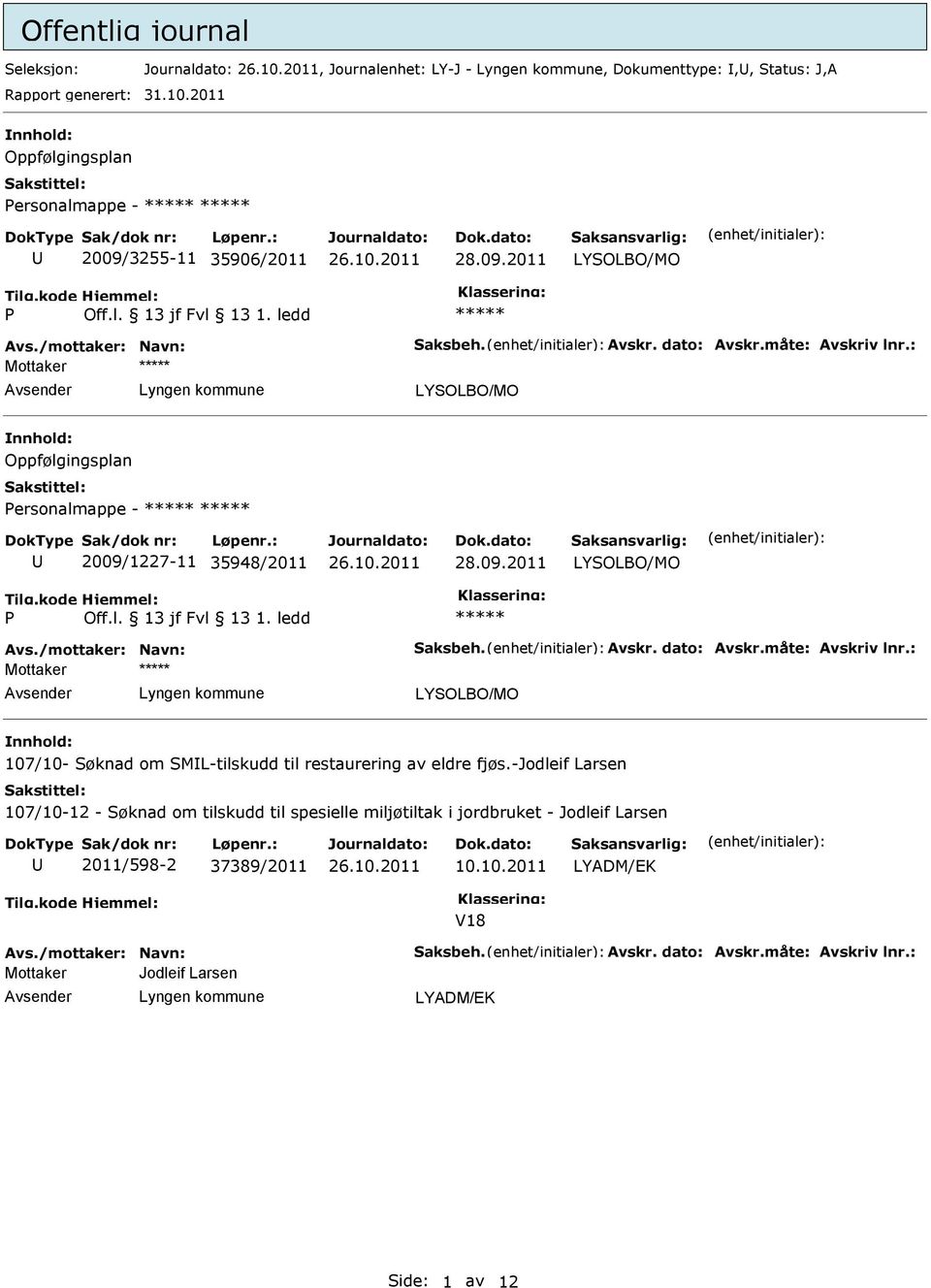 -jodleif Larsen 107/10-12 - Søknad om tilskudd til spesielle miljøtiltak i jordbruket - Jodleif Larsen 2011/598-2 37389/2011 10.10.2011 V18 Avs./mottaker: Navn: Saksbeh. Avskr.