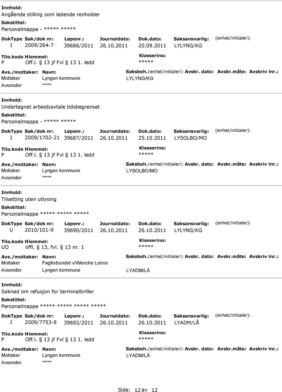 : Mottaker Tilsetting uten utlysing ersonalmappe 2010/101-9 39690/2011 O offl. 13, fvl. 13 nr. 1 Avs./mottaker: Navn: Saksbeh. Avskr. dato: Avskr.måte: Avskriv lnr.