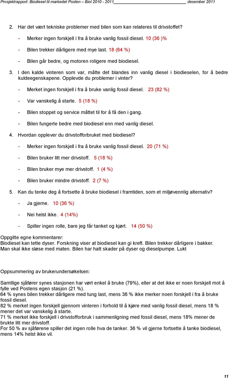 Opplevde du problemer i vinter? - Merket ingen forskjell i fra å bruke vanlig fossil diesel. 23 (82 %) - Var vanskelig å starte. 5 (18 %) - Bilen stoppet og service måttet til for å få den i gang.