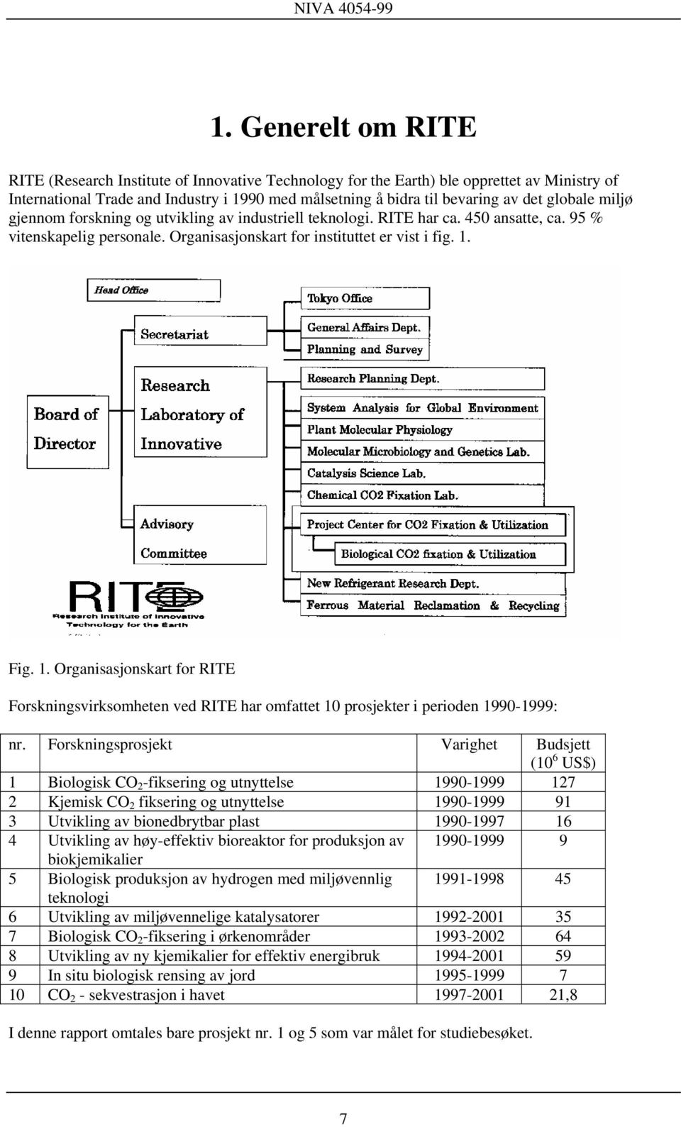 Fig. 1. Organisasjonskart for RITE Forskningsvirksomheten ved RITE har omfattet 10 prosjekter i perioden 1990-1999: nr.