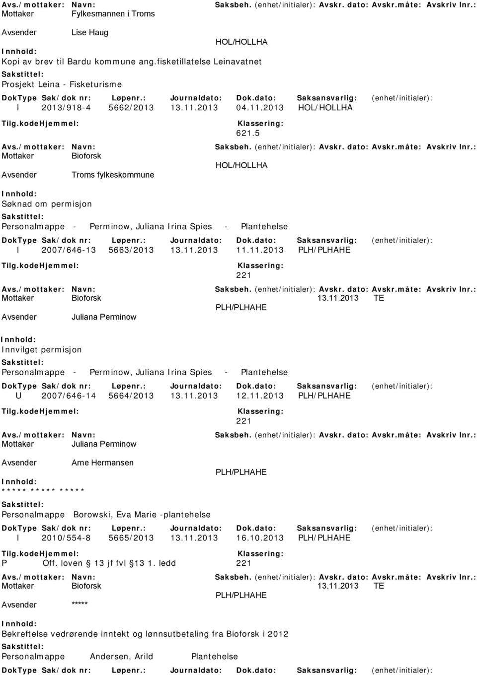 11.2013 TE PLH/PLHAHE Avsender Juliana Perminow Innvilget permisjon Personalmappe - Perminow, Juliana Irina Spies - Plantehelse U 2007/646-14 5664/2013 13.11.2013 12.11.2013 PLH/PLHAHE 221 Mottaker Juliana Perminow Avsender Arne Hermansen ***** ***** ***** Personalmappe Borowski, Eva Marie -plantehelse PLH/PLHAHE I 2010/554-8 5665/2013 13.