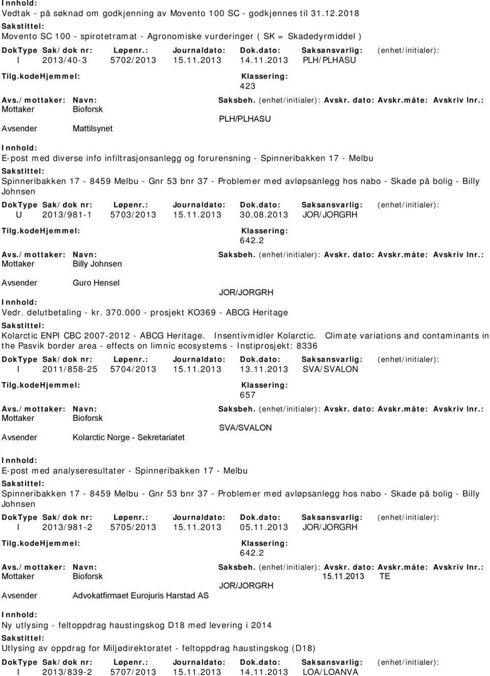 2013 PLH/PLHASU 423 PLH/PLHASU E-post med diverse info infiltrasjonsanlegg og forurensning - Spinneribakken 17 - Melbu Spinneribakken 17-8459 Melbu - Gnr 53 bnr 37 - Problemer med avløpsanlegg hos