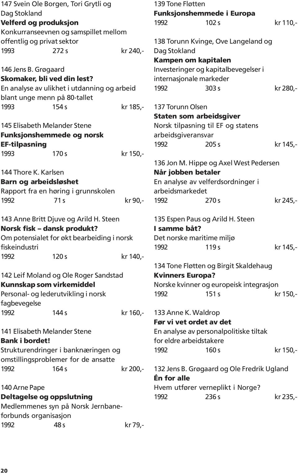 En analyse av ulikhet i utdanning og arbeid blant unge menn på 80-tallet 1993 154 s kr 185,- 145 Elisabeth Melander Stene Funksjonshemmede og norsk EF-tilpasning 1993 170 s kr 150,- 144 Thore K.