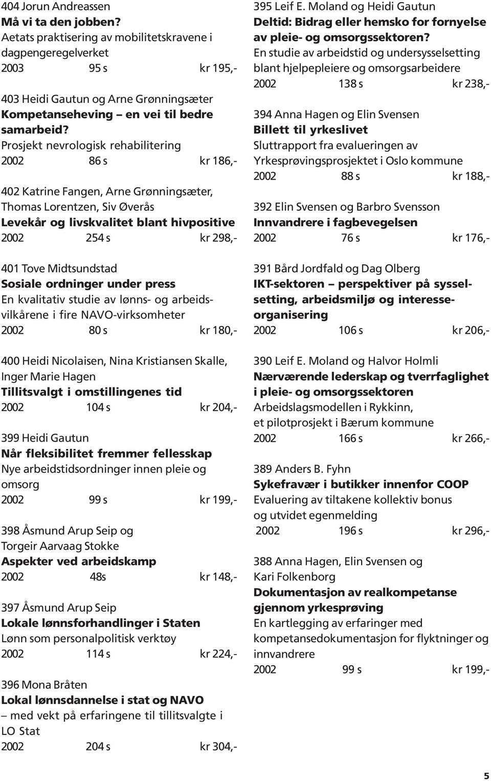 Prosjekt nevrologisk rehabilitering 2002 86 s kr 186,- 402 Katrine Fangen, Arne Grønningsæter, Thomas Lorentzen, Siv Øverås Levekår og livskvalitet blant hivpositive 2002 254 s kr 298,- 401 Tove