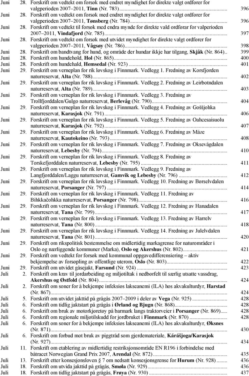 Forskrift om vedtekt til forsøk med endra mynde for direkte vald ordførar for valperioden 2007 2011, Vindafjord (Nr. 785)... 397 Juni 28.