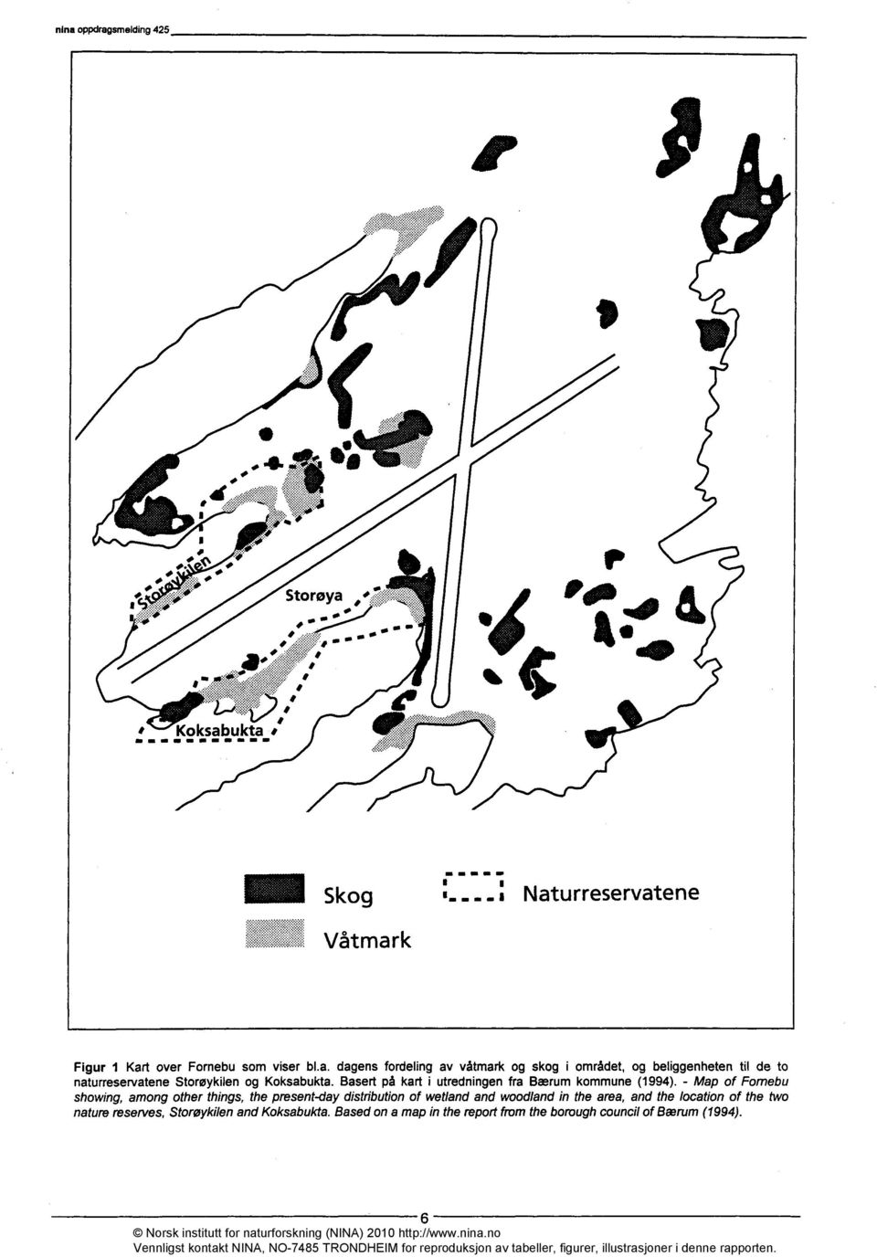 - Map of Fomebu showing, among other things, the present-day distribution of wetland and woodland in the area, and the location of