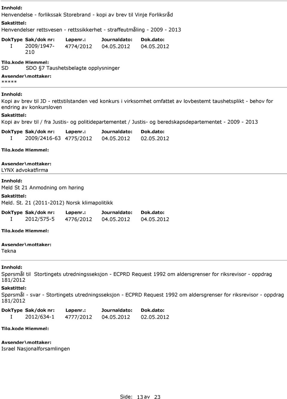 av brev til / fra Justis- og politidepartementet / Justis- og beredskapsdepartementet - 2009-2013 2009/2416-63 4775/2012 LYN advokatfirma Meld St 