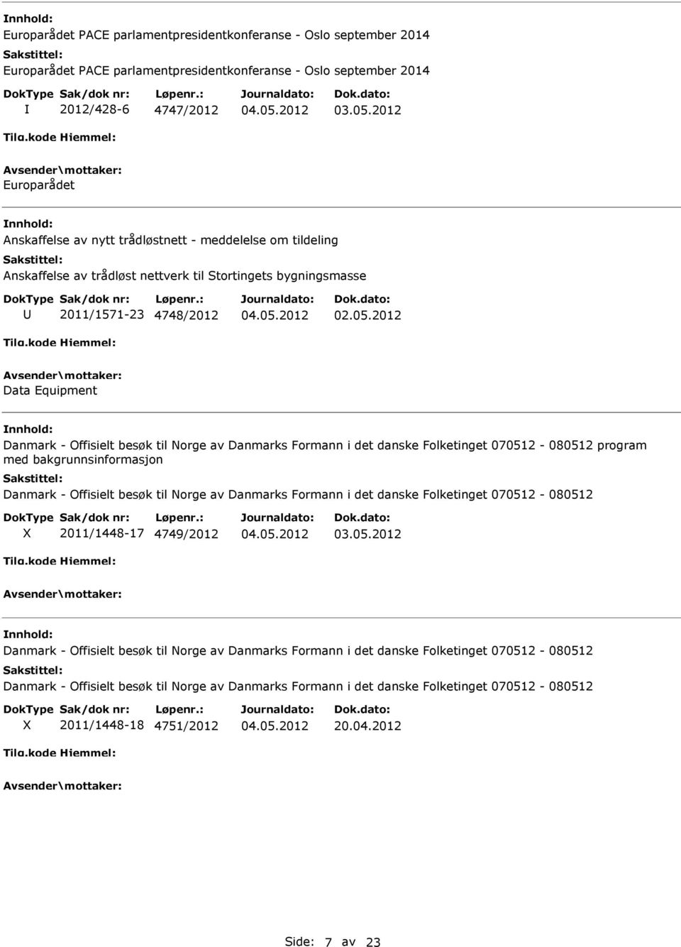 det danske Folketinget 070512-080512 program med bakgrunnsinformasjon Danmark - Offisielt besøk til Norge av Danmarks Formann i det danske Folketinget 070512-080512 2011/1448-17 4749/2012 Danmark -