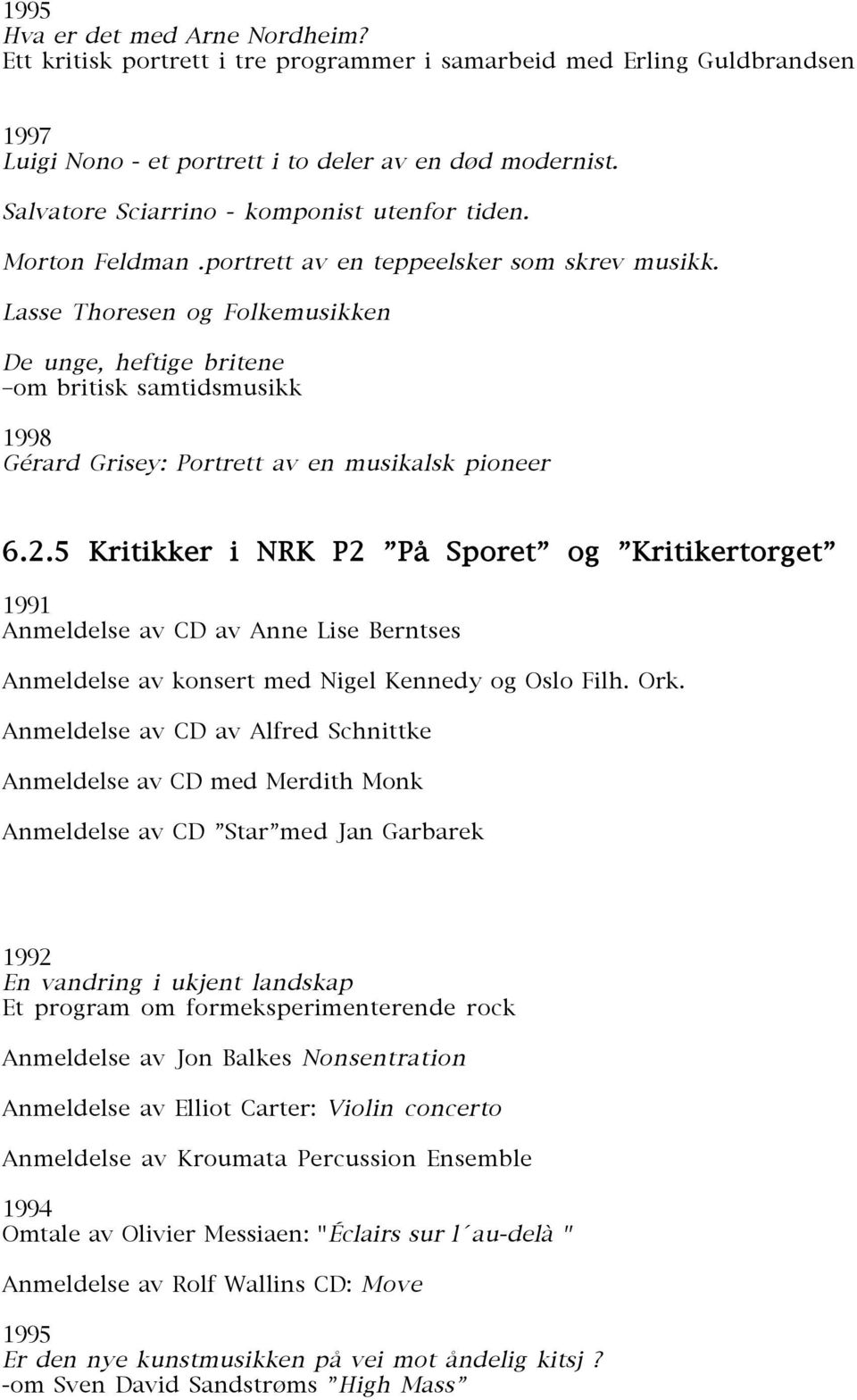 Lasse Thoresen og Folkemusikken De unge, heftige britene om britisk samtidsmusikk 1998 Gérard Grisey: Portrett av en musikalsk pioneer 6.2.