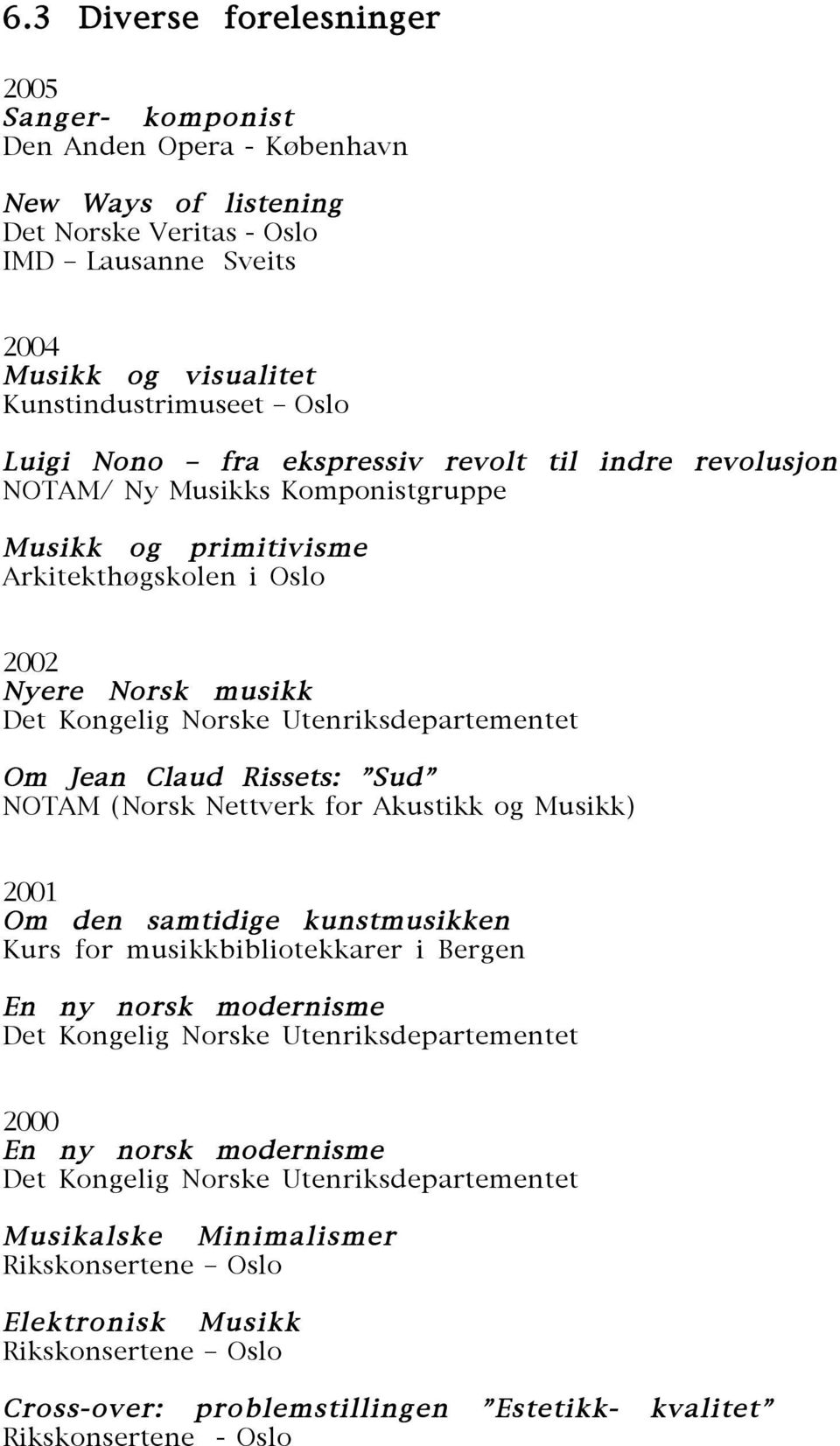 Utenriksdepartementet Om Jean Claud Rissets: Sud NOTAM (Norsk Nettverk for Akustikk og Musikk) 2001 Om den samtidige kunstmusikken Kurs for musikkbibliotekkarer i Bergen En ny norsk modernisme Det