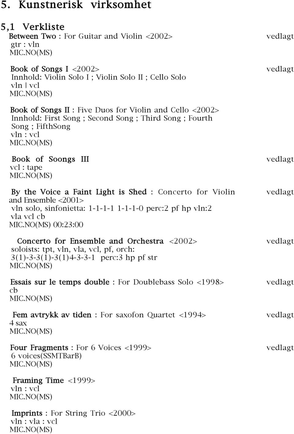 for Violin and Ensemble <2001> vln solo, sinfonietta: 1-1-1-1 1-1-1-0 perc:2 pf hp vln:2 vla vcl cb 00:23:00 Concerto for Ensemble and Orchestra <2002> soloists: tpt, vln, vla, vcl, pf, orch: