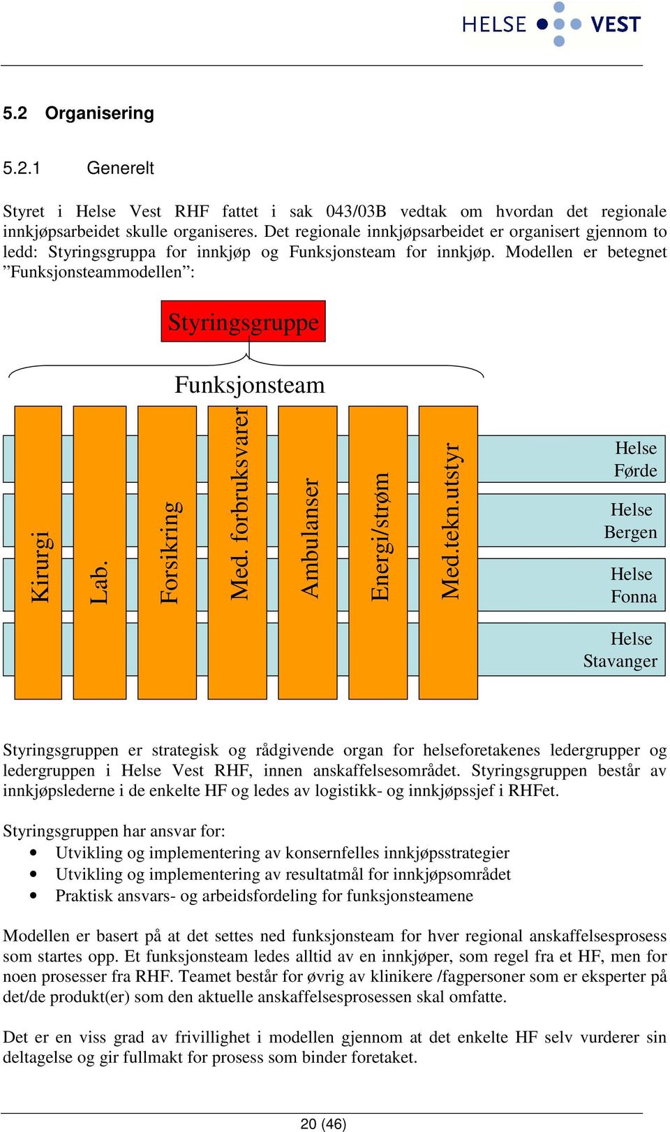 Modellen er betegnet Funksjonsteammodellen : Styringsgruppe Funksjonsteam Kirurgi Lab. Forsikring Med. forbruksvarer Ambulanser Energi/strøm Med.tekn.