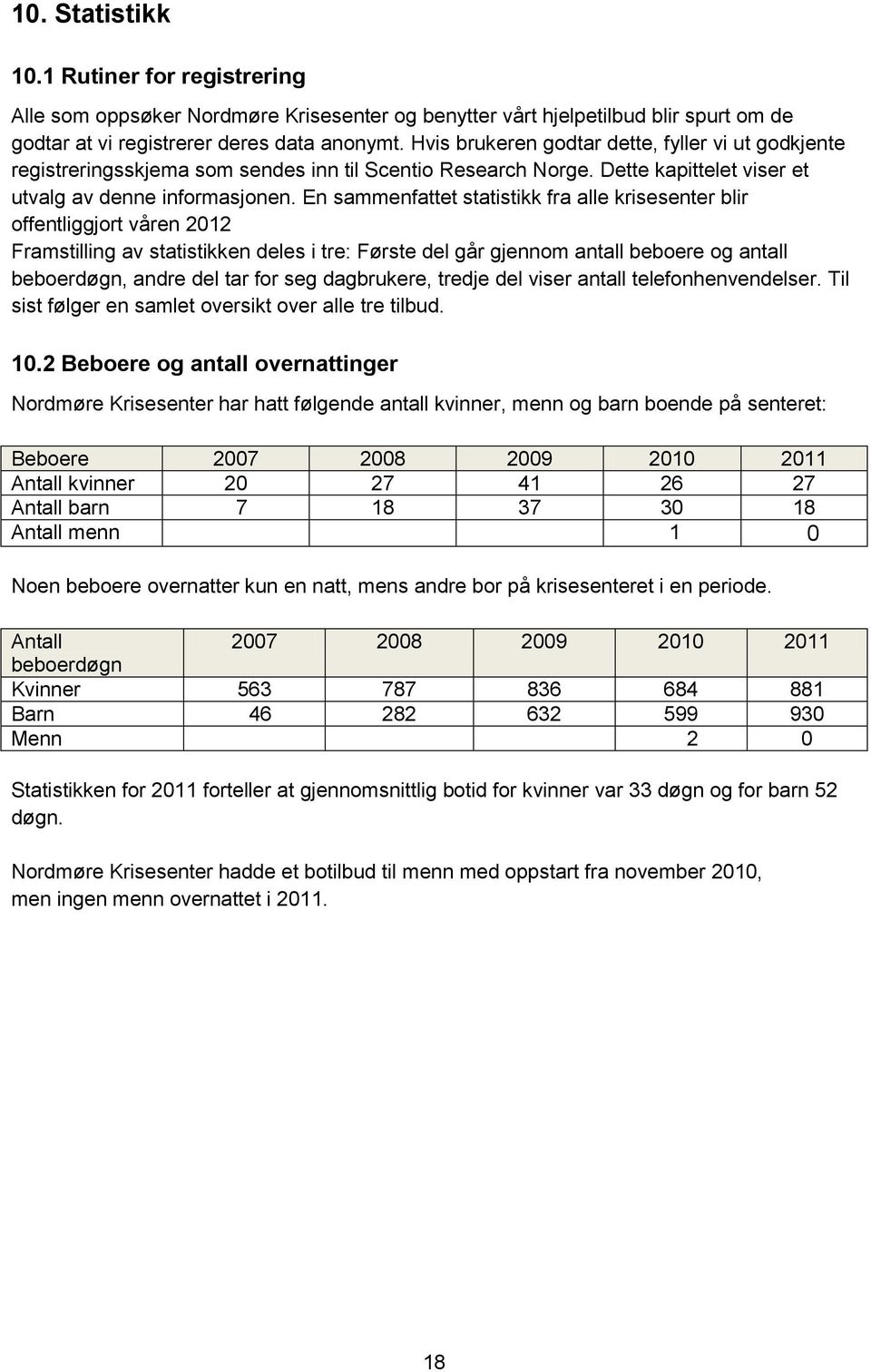 En sammenfattet statistikk fra alle krisesenter blir offentliggjort våren 2012 Framstilling av statistikken deles i tre: Første del går gjennom antall beboere og antall beboerdøgn, andre del tar for