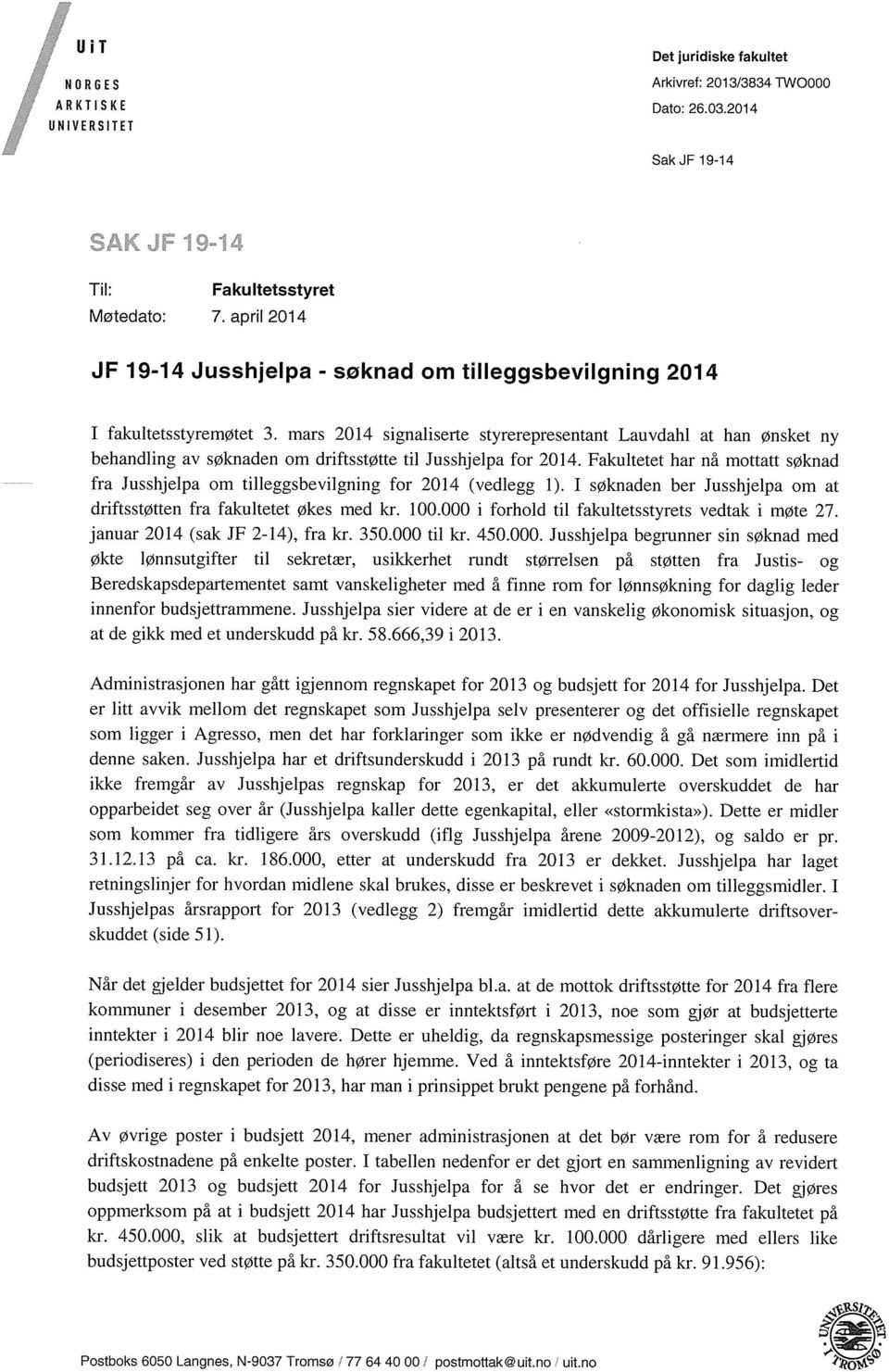 mars 2014 signaliserte styrerepresentant Lauvdahi at han Ønsket ny behandling av søknaden om driftsstøtte til Jusshjelpa for 2014.