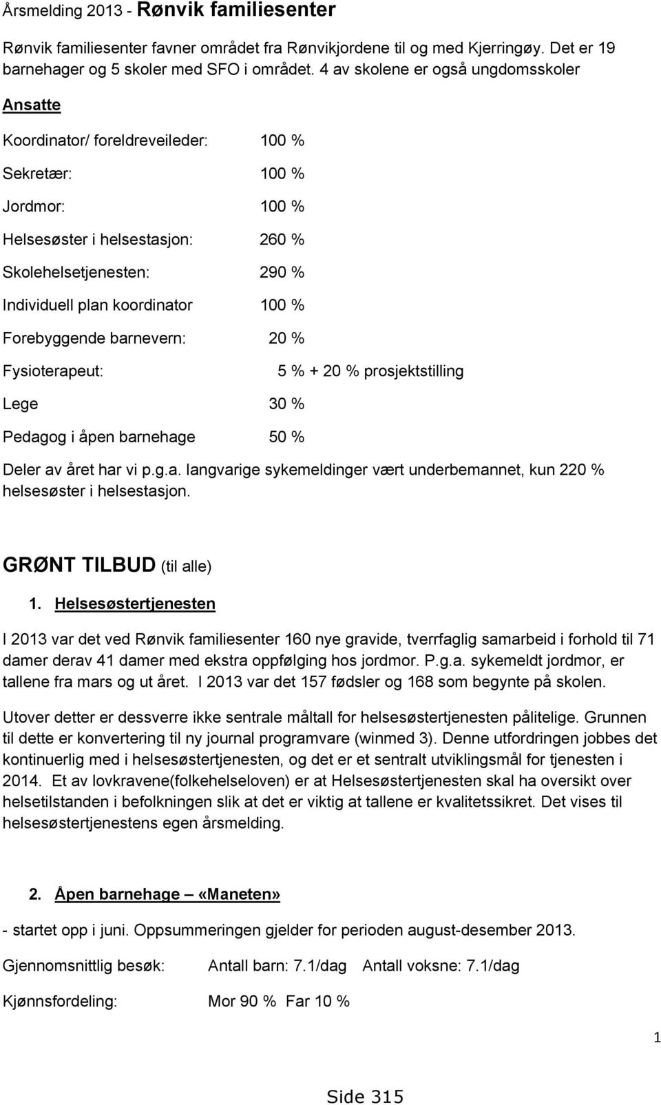 koordinator 100 % Forebyggende barnevern: 20 % Fysioterapeut: 5 % + 20 % prosjektstilling Lege 30 % Pedagog i åpen barnehage 50 % Deler av året har vi p.g.a. langvarige sykemeldinger vært underbemannet, kun 220 % helsesøster i helsestasjon.