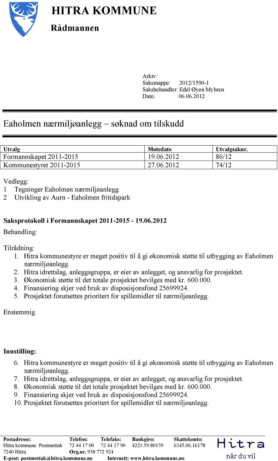 06.2012 Behandling: Tilrådning: 1. Hitra kommunestyre er meget positiv til å gi økonomisk støtte til utbygging av Eaholmen nærmiljøanlegg. 2.