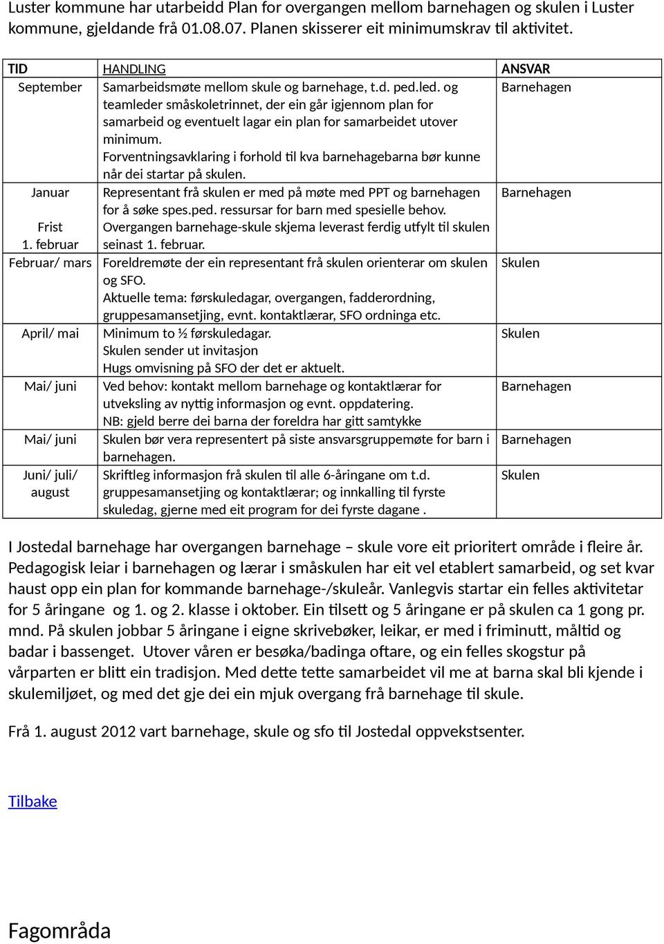 og Barnehagen teamleder småskoletrinnet, der ein går igjennom plan for samarbeid og eventuelt lagar ein plan for samarbeidet utover minimum.