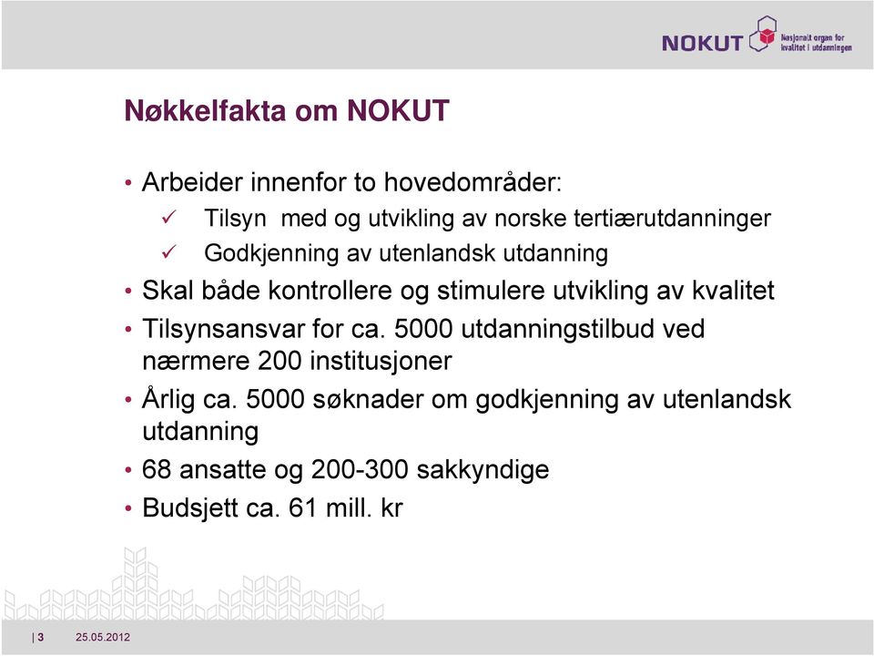 av kvalitet Tilsynsansvar for ca. 5000 utdanningstilbud ved nærmere 200 institusjoner Årlig ca.