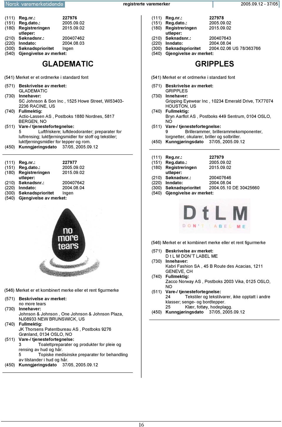 luftrensing; luktfjerningsmidler for stoff og tekstiler; luktfjerningsmidler for tepper og rom. (111) Reg.nr.: 227977 (151) Reg.dato.: 2005.09.02 (180) Registreringen 2015.09.02 (210) Søknadsnr.