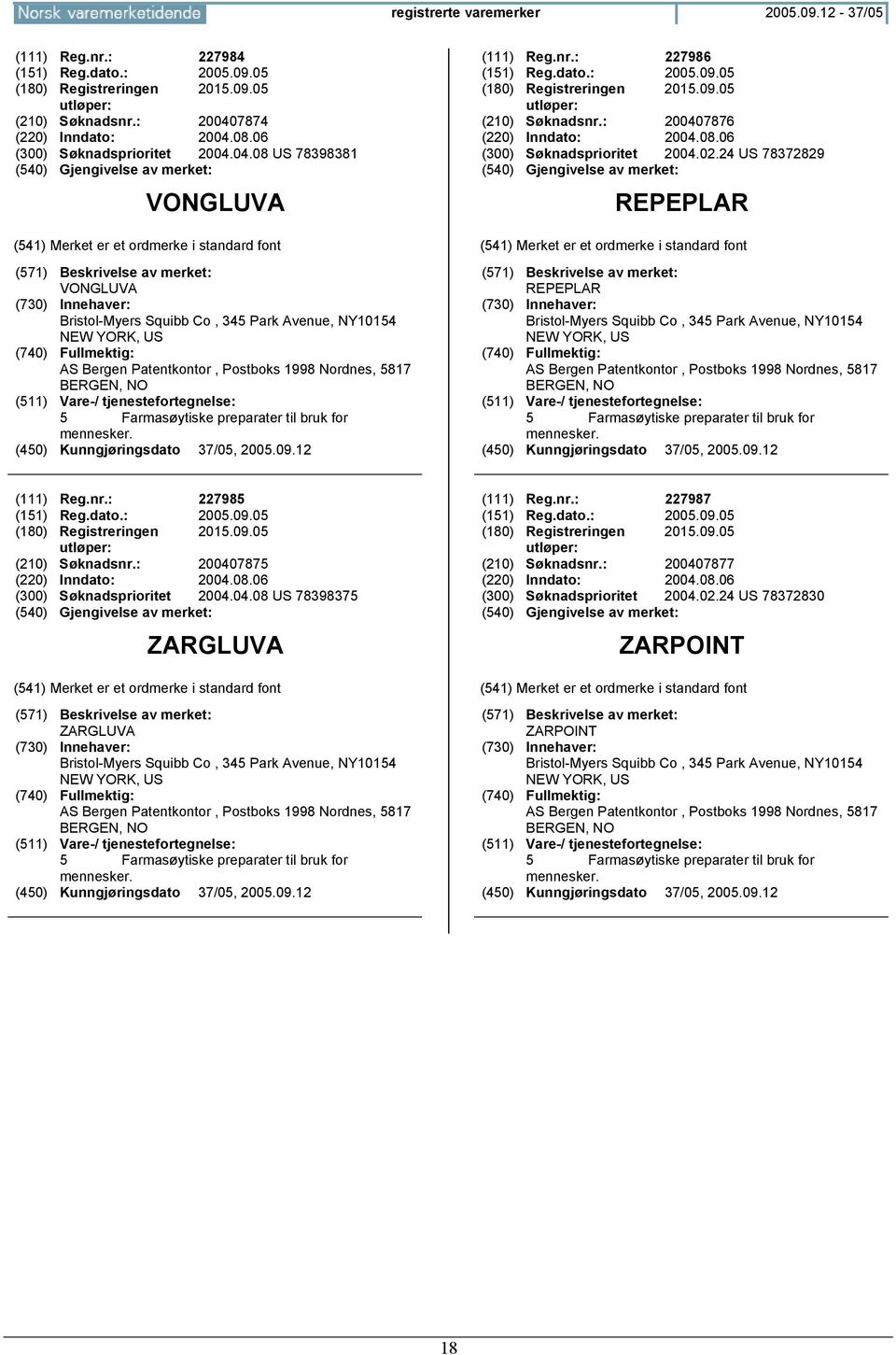 04.08 US 78398381 VONGLUVA VONGLUVA Bristol-Myers Squibb Co, 345 Park Avenue, NY10154 NEW YORK, US AS Bergen Patentkontor, Postboks 1998 Nordnes, 5817 BERGEN, NO 5 Farmasøytiske preparater til bruk