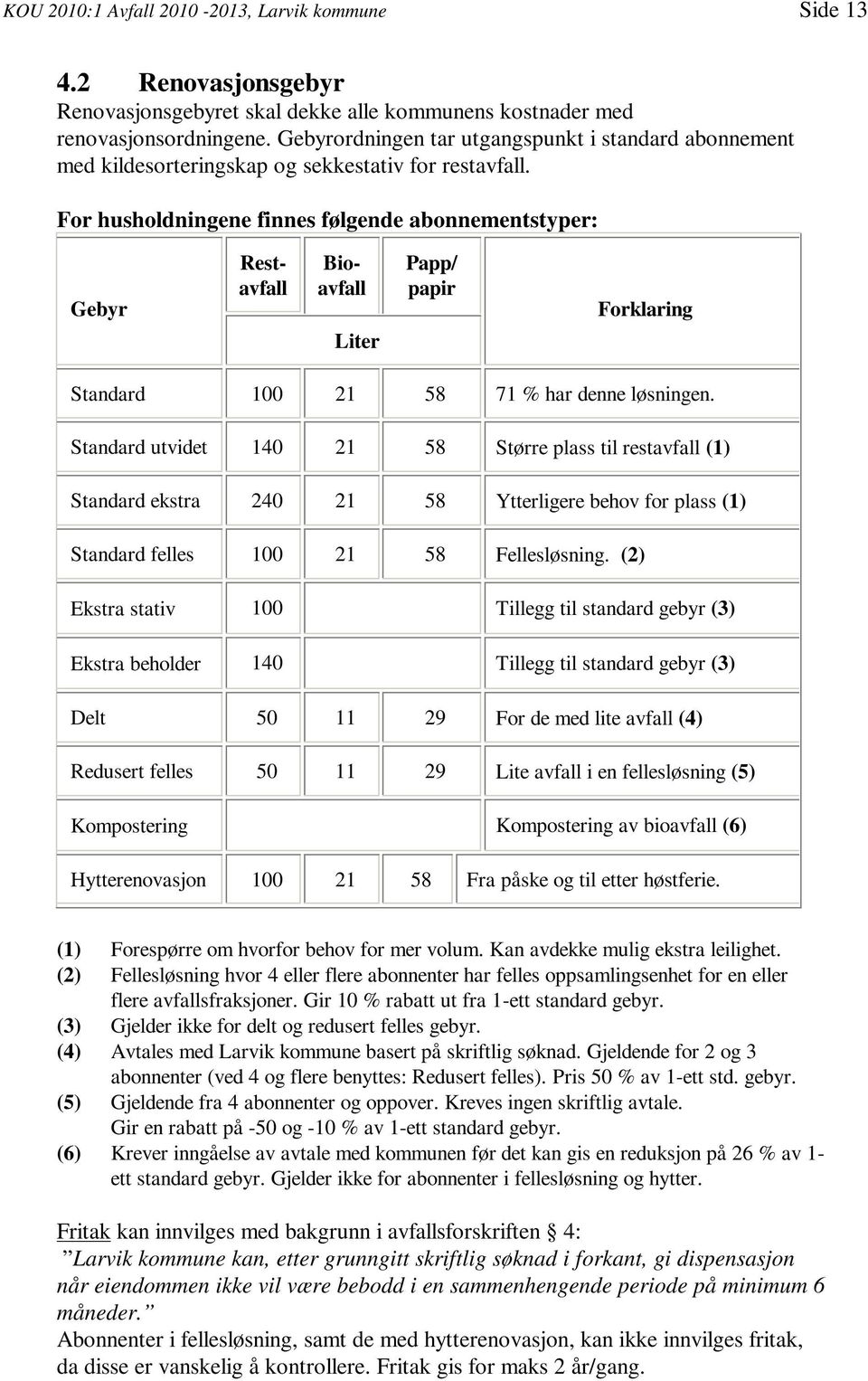 For husholdningene finnes følgende abonnementstyper: Gebyr Restavfall Bioavfall Liter Papp/ papir Forklaring Standard 100 21 58 71 % har denne løsningen.