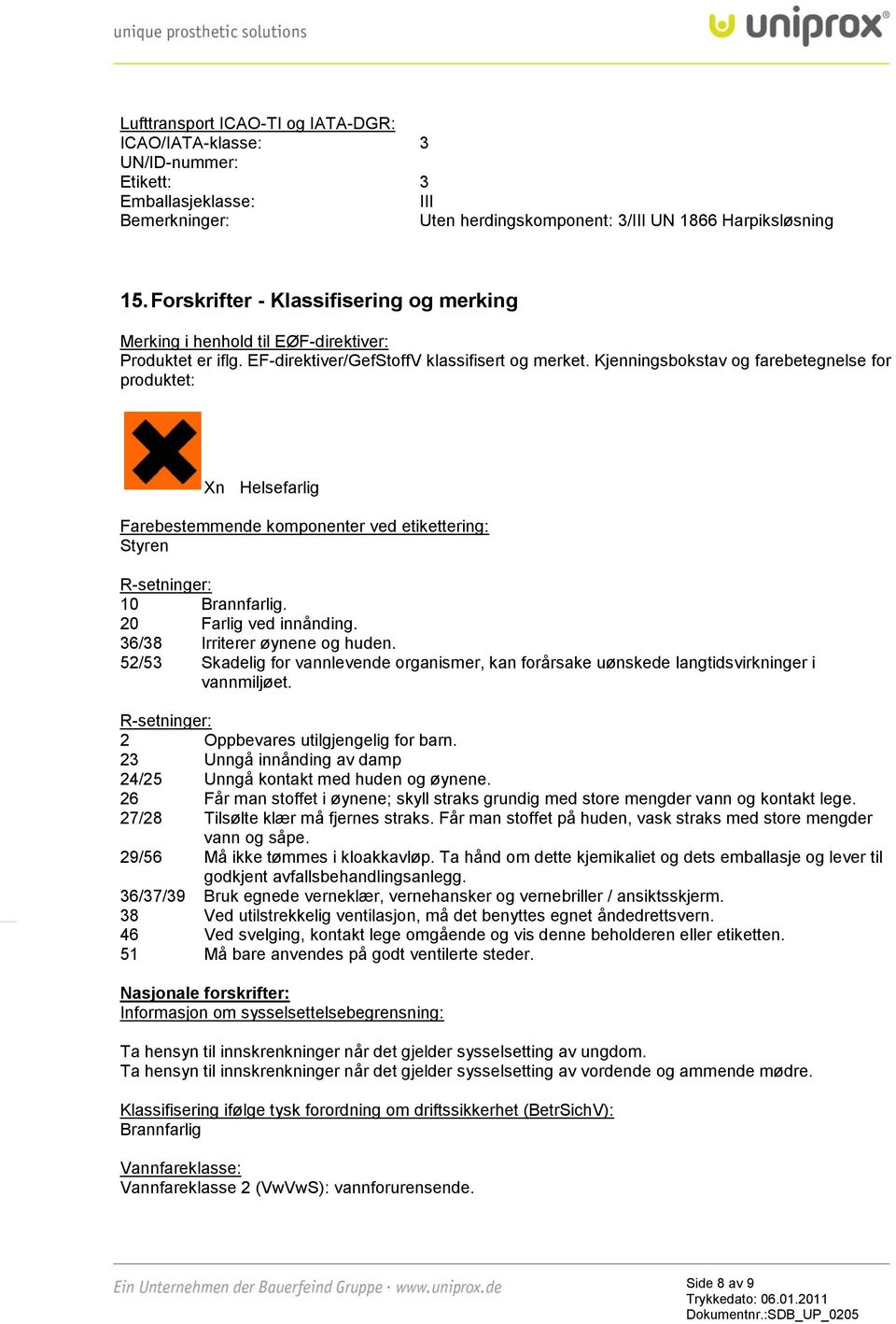 Kjenningsbokstav og farebetegnelse for produktet: Xn Helsefarlig Farebestemmende komponenter ved etikettering: Styren R-setninger: 10 Brannfarlig. 20 Farlig ved innånding.