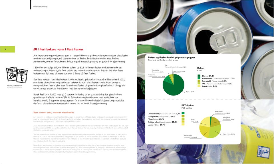 Bokser og flasker fordelt på produktgrupper Cans and bottles by product group Resirks pantemerker Resirk s deposit symbols I 2003 ble det solgt 217, 6 millioner bokser og 52,6 millioner flasker med