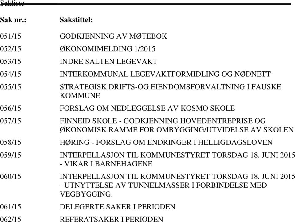 DRIFTS-OG EIENDOMSFORVALTNING I FAUSKE KOMMUNE 056/15 FORSLAG OM NEDLEGGELSE AV KOSMO SKOLE 057/15 FINNEID SKOLE - GODKJENNING HOVEDENTREPRISE OG ØKONOMISK RAMME FOR