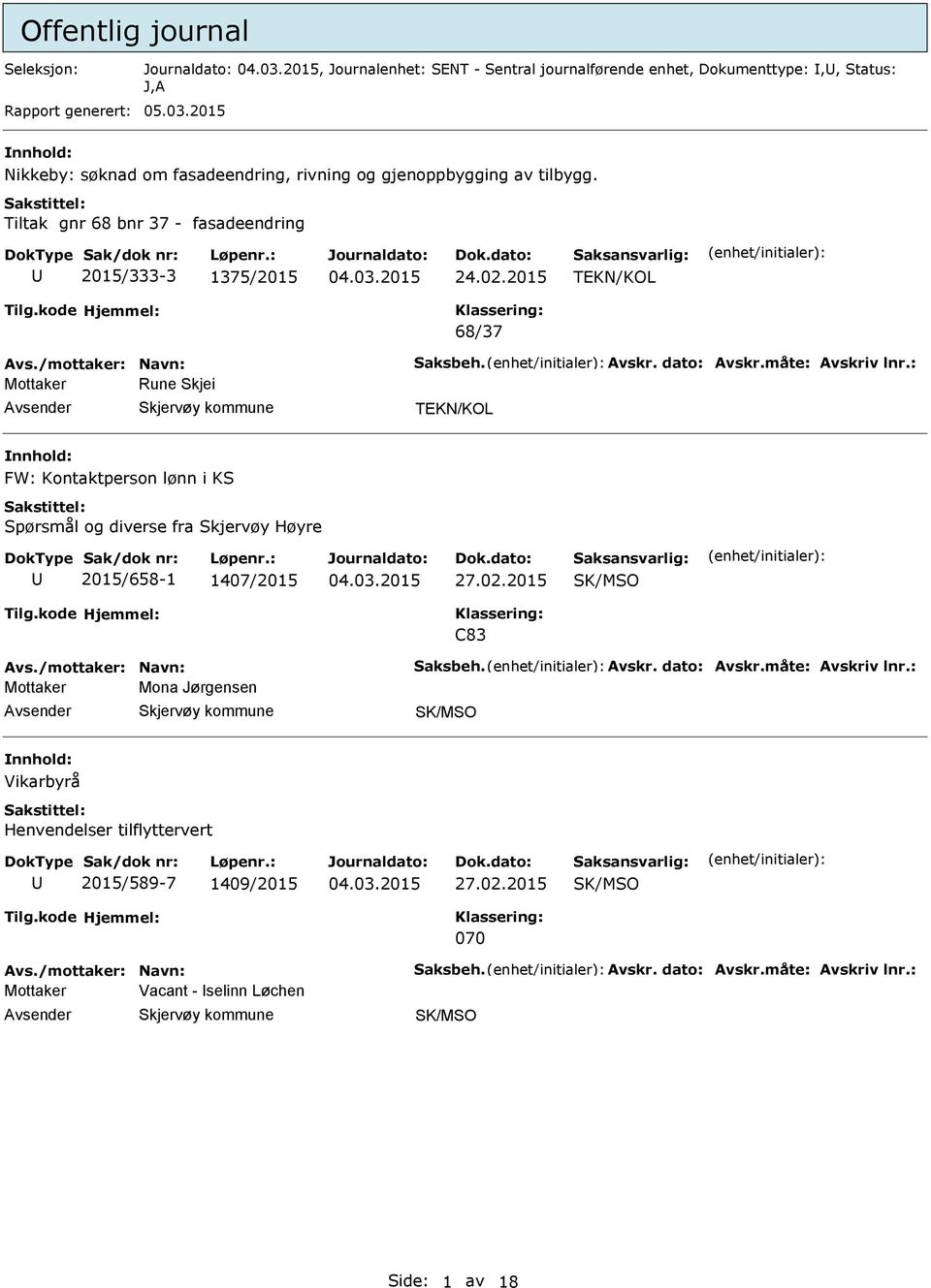 Avskr. dato: Avskr.måte: Avskriv lnr.: Rune Skjei FW: Kontaktperson lønn i KS Spørsmål og diverse fra Skjervøy Høyre 2015/658-1 1407/2015 27.02.2015 C83 Avs./mottaker: Navn: Saksbeh.