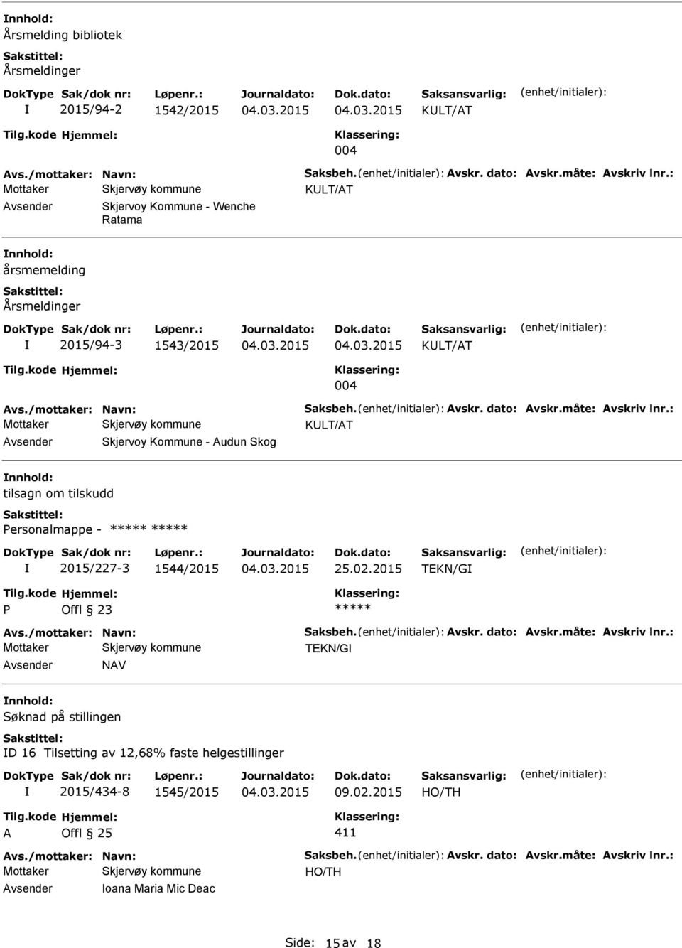 : Skjervoy Kommune - Audun Skog tilsagn om tilskudd ersonalmappe - 2015/227-3 1544/2015 25.02.2015 TEKN/G Avs./mottaker: Navn: Saksbeh. Avskr. dato: Avskr.