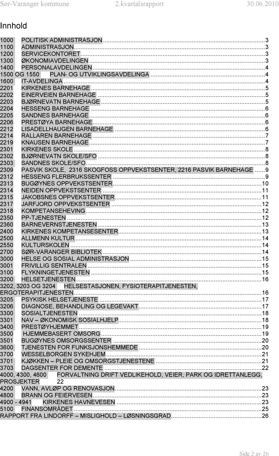 ..6 2212 LISADELLHAUGEN BARNEHAGE...6 2214 RALLAREN BARNEHAGE...7 2219 KNAUSEN BARNEHAGE...7 2301 KIRKENES SKOLE...8 2302 BJØRNEVATN SKOLE/SFO...8 2303 SANDNES SKOLE/SFO.