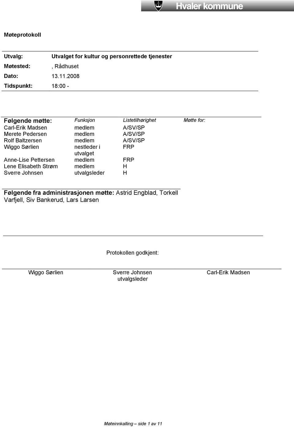 Baltzersen medlem A/SV/SP Wiggo Sørlien nestleder i FRP utvalget Anne-Lise Pettersen medlem FRP Lene Elisabeth Strøm medlem H Sverre Johnsen