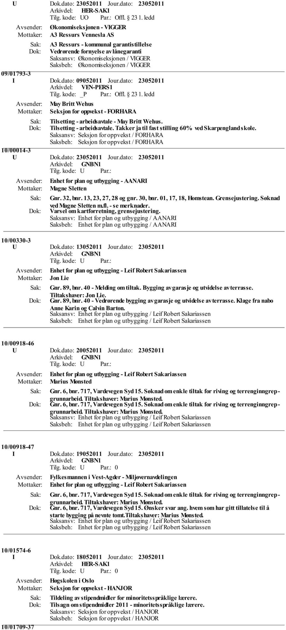 09/01793-3 I Dok.dato: 09052011 Jour.dato: Tilg. kode: _P Par.: Offl. 23 1. ledd May Britt Wehus Seksjon for oppvekst - FORHARA Tilsetting - arbeidsavtale - May Britt Wehus.