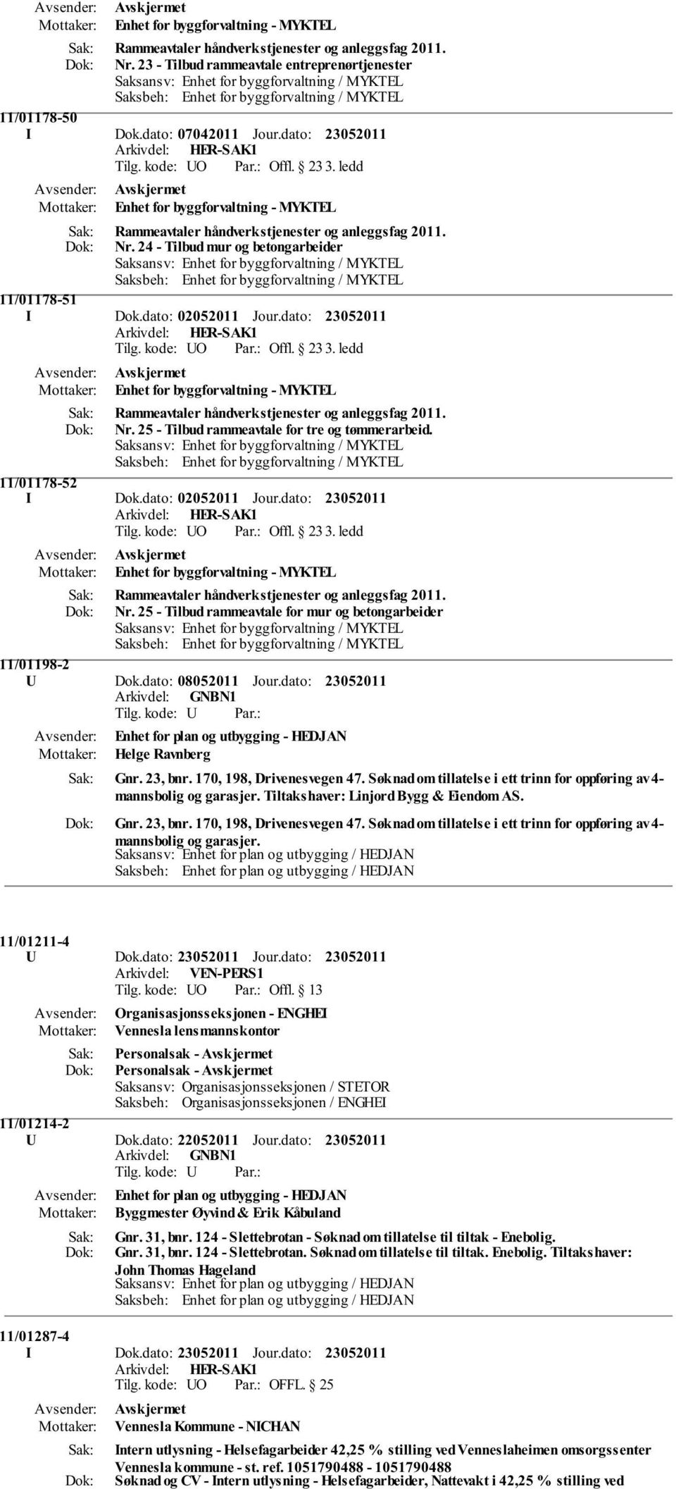 dato: Avskjermet Enhet for byggforvaltning - MYKTEL Rammeavtaler håndverkstjenester og anleggsfag 2011. Nr. 25 - Tilbud rammeavtale for tre og tømmerarbeid. 11/01178-52 I Dok.dato: 02052011 Jour.