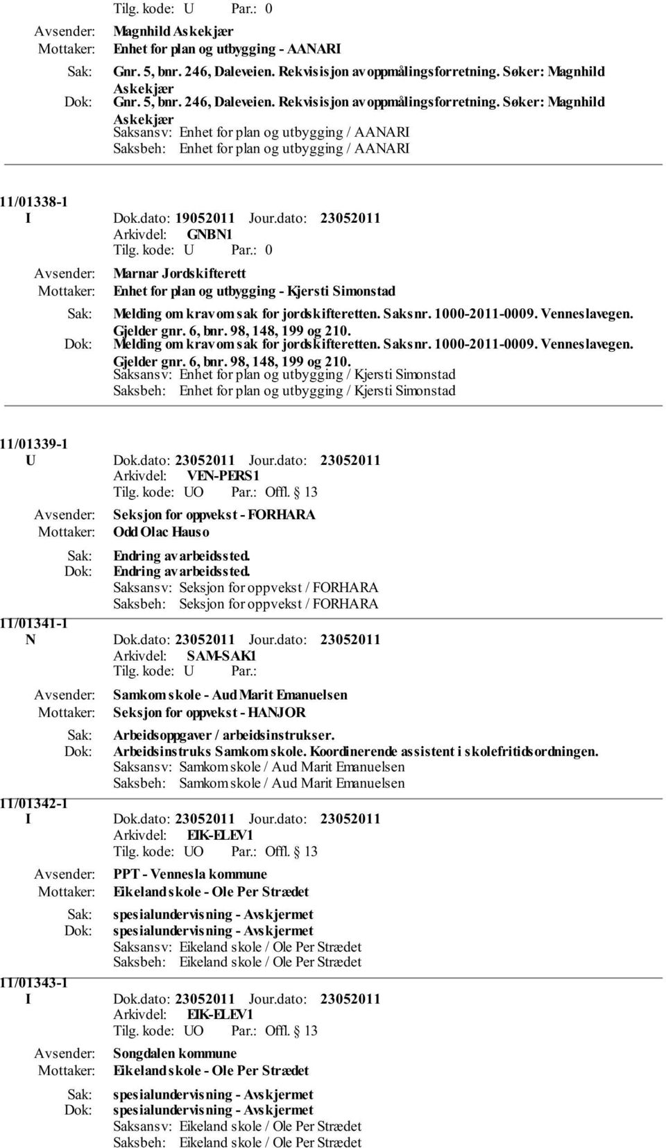 Søker: Magnhild Askekjær Saksansv: Enhet for plan og utbygging / AANARI Saksbeh: Enhet for plan og utbygging / AANARI 11/01338-1 I Dok.dato: 19052011 Jour.