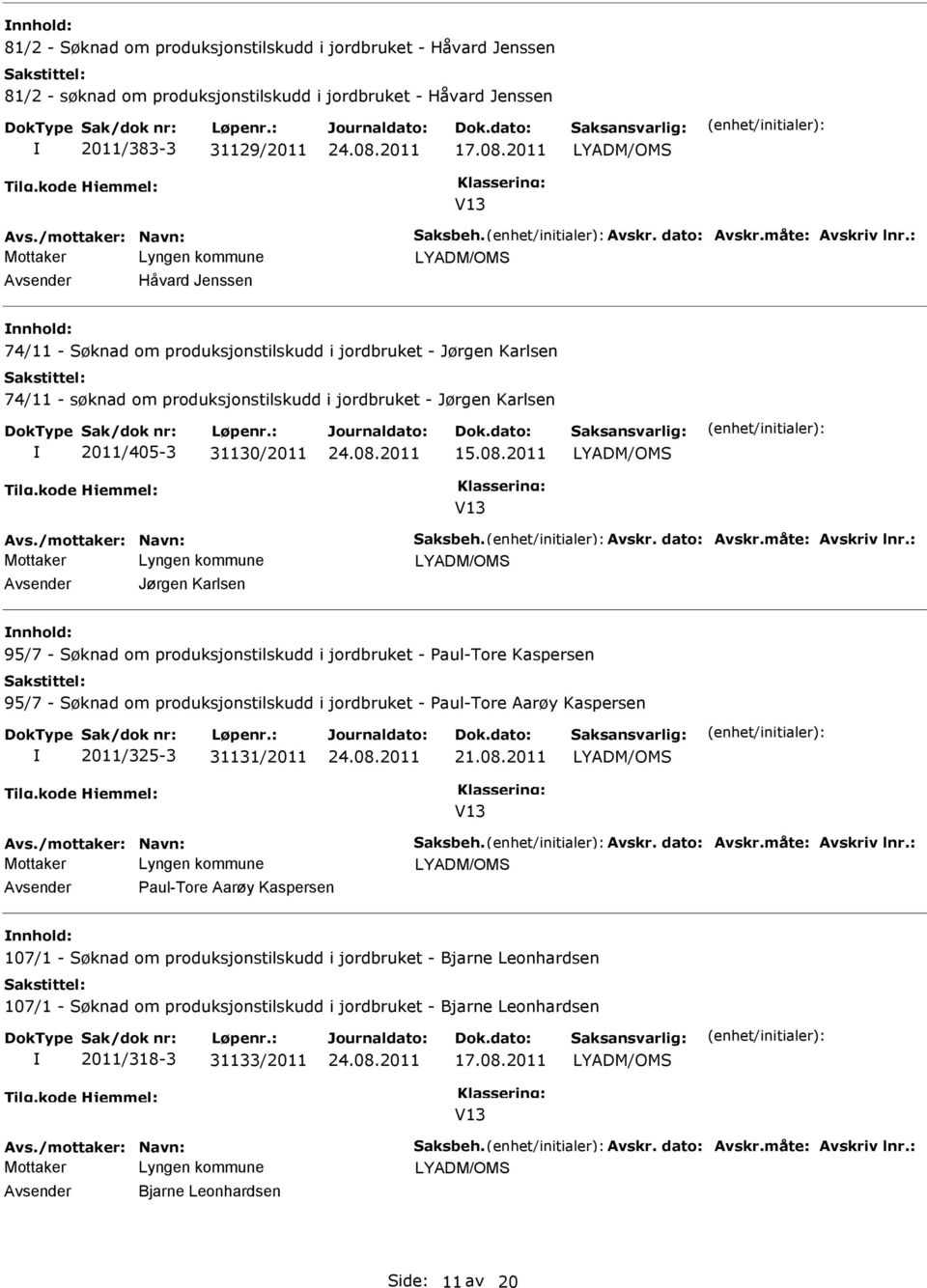 2011 Jørgen Karlsen 95/7 - Søknad om produksjonstilskudd i jordbruket - Paul-Tore Kaspersen 95/7 - Søknad om produksjonstilskudd i jordbruket - Paul-Tore Aarøy Kaspersen 2011/325-3 31131/2011 21.