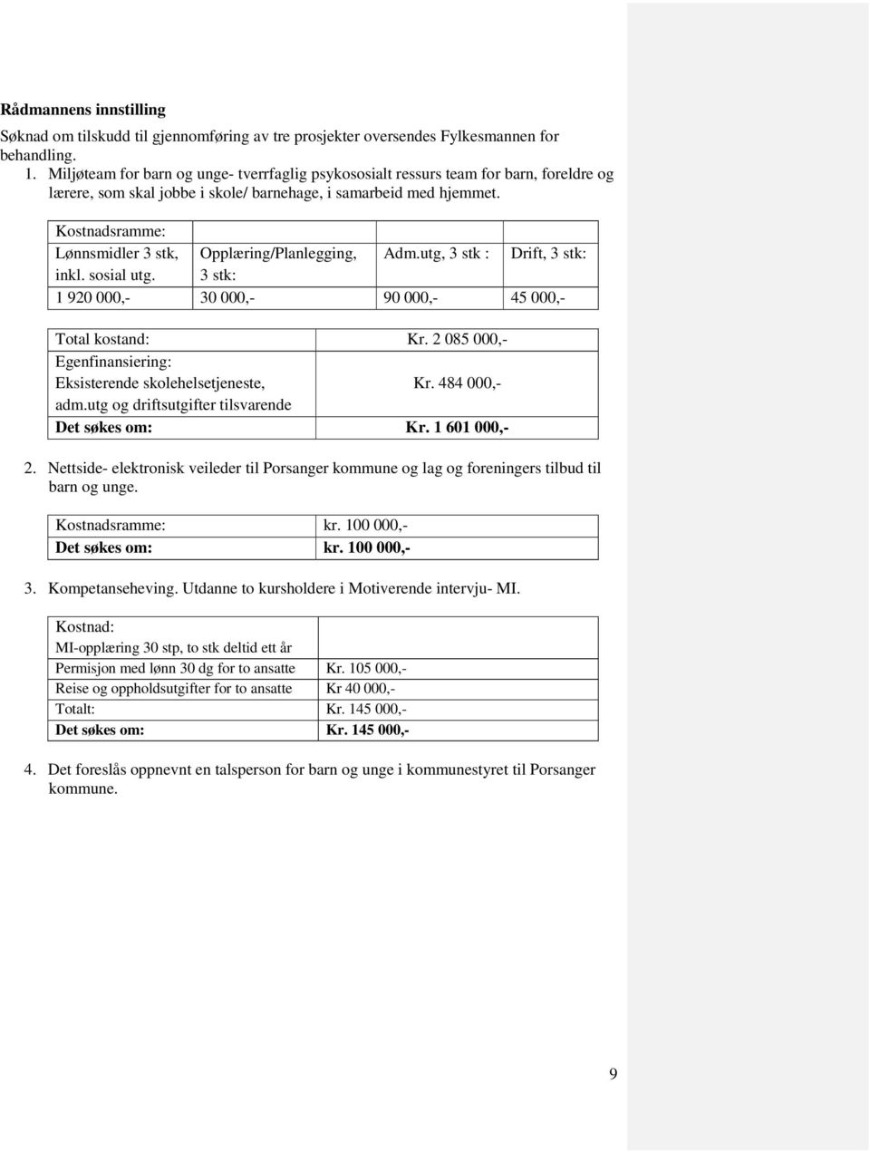 Kostnadsramme: Lønnsmidler 3 stk, Opplæring/Planlegging, Adm.utg, 3 stk : Drift, 3 stk: inkl. sosial utg. 3 stk: 1 920 000,- 30 000,- 90 000,- 45 000,- Total kostand: Kr.