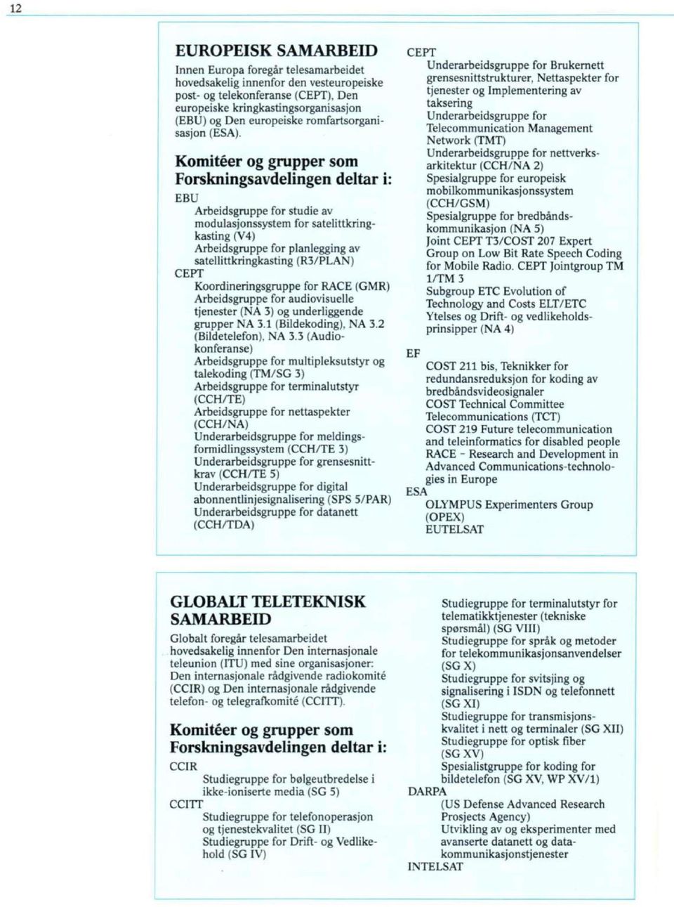 Komiteer og grupper som Forskningsavdelingen deltar i: EBU Arbeidsgruppe for studie av modulasjonssystem for satelittkringkasting (V4) Arbeidsgruppe for planlegging av satellittkringkasting (R3/PLAN)